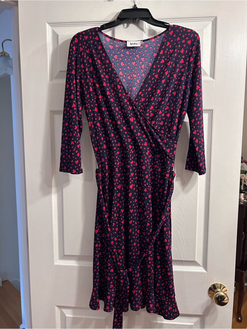 Leota Blue Wrap Dress with Pink Heart Print